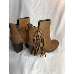Steve Madden Woodstock Brown Leather Ankle Boots Boho Fringe Stacked Heel Sz 8